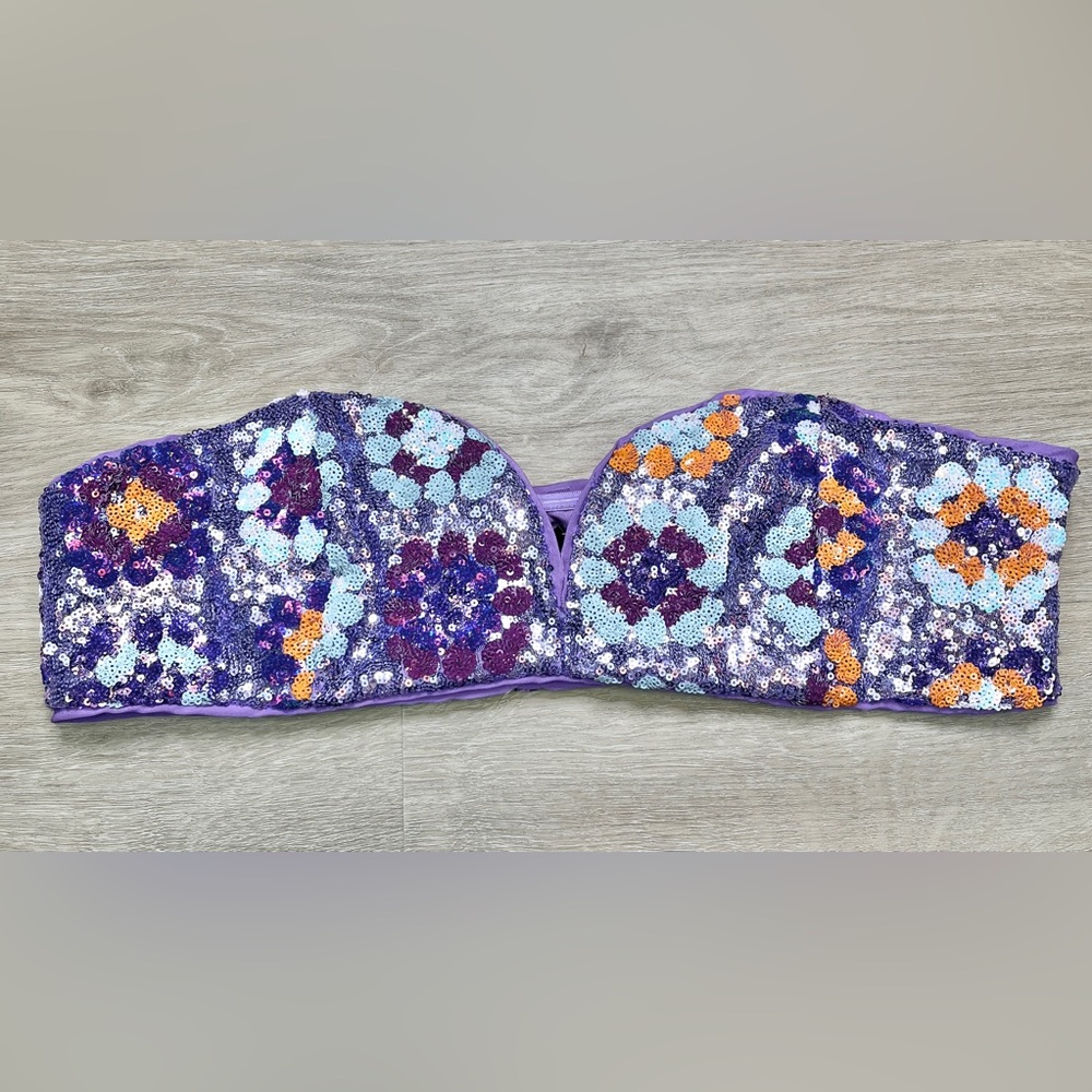 Nasty Gal Bandeau Top Size 14 Purple Sequin Sweetheart Strapless NWT